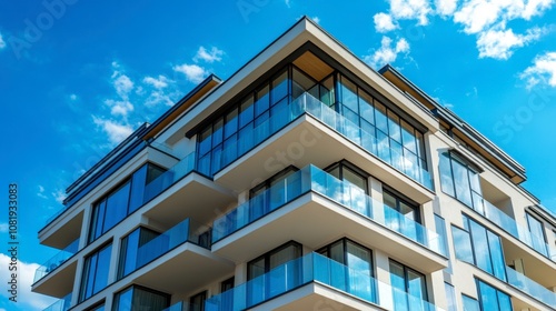 Modern apartment building with glass balconies under bright blue sky showcasing contemporary architectural design and urban living concept