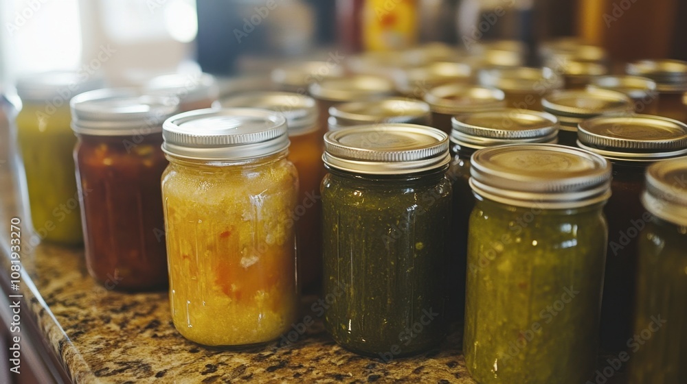 Assorted Homemade Preserves in Glass Jars Lined on a Kitchen Countertop Displaying Vibrant Colors and Natural Ingredients for Culinary Inspirations and Recipes Assorted Homemade Preserves in Glass Jars Lined on a Kitchen Countertop Displaying Vibrant Colors and Natural Ingredients for Culinary Inspirations and Recipes