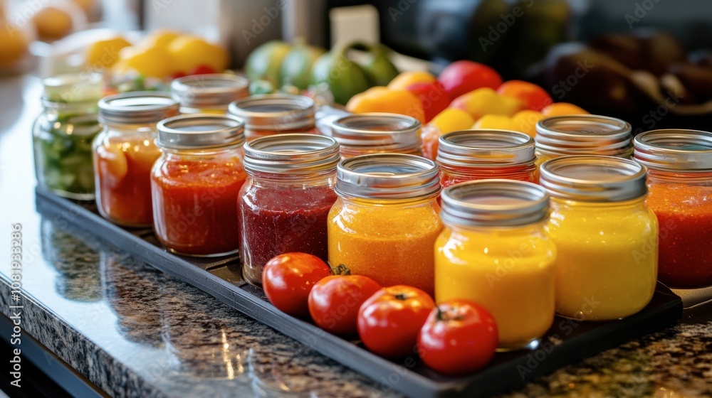 Colorful Variety of Homemade Jars Filled with Fresh Sauces and Preserves on a Kitchen Counter Surrounded by Fresh Fruits and Vegetables Colorful Variety of Homemade Jars Filled with Fresh Sauces and Preserves on a Kitchen Counter Surrounded by Fresh Fruits and Vegetables