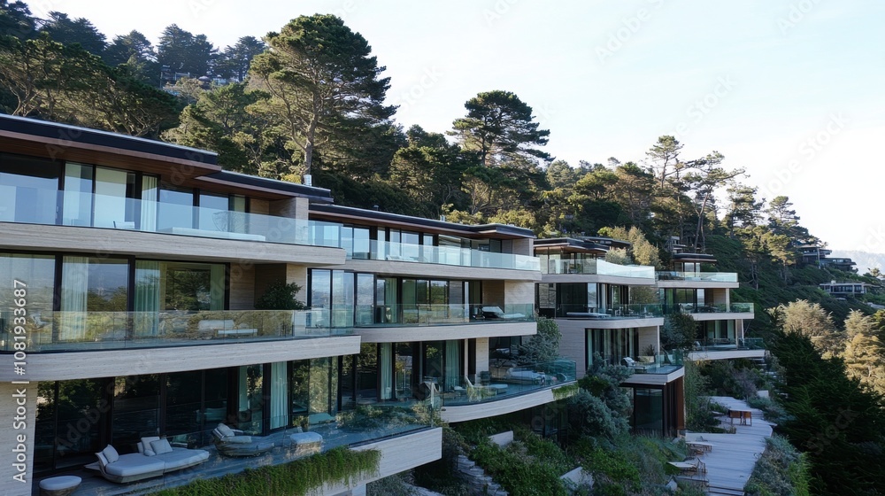 Luxurious modern hillside villas with expansive glass facades and lush green surroundings, offering breathtaking views and upscale living environments Luxurious modern hillside villas with expansive glass facades and lush green surroundings, offering breathtaking views and upscale living environments