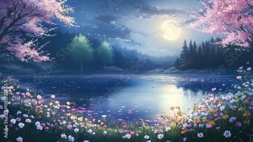 Moonlit Enchantment: A Tranquil Anime Landscape photo