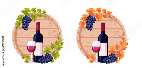 Barrel, bottle, glass of red wine and grape branch with bunches of grapes and leaves. Concept of winemaking, production and sale of wine, growing grapes. Vector vintage pattern for menus and labels.
