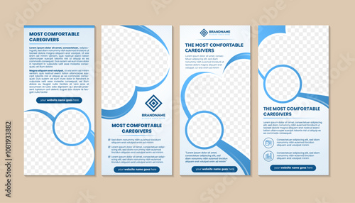 collection of the most comfortable caregivets vector roll up banner template. Flyer, booklet, printable leaflet design with space for photo. Magazine page, report, vertical layout posters, photo space