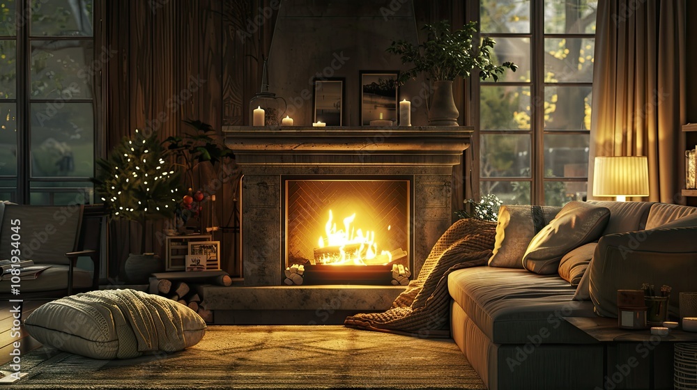 3D rendering of cozy living room with comfortable sofa and warm lighting 3D rendering of cozy living room with comfortable sofa and warm lighting