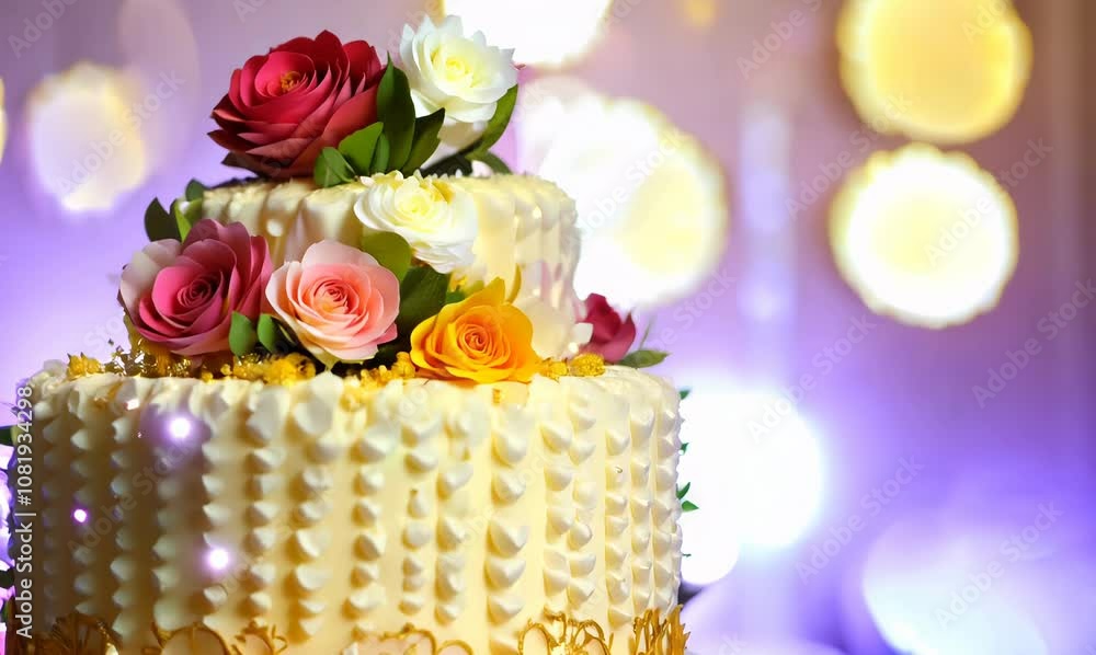 elegant wedding cake with enchanting bokeh light effects