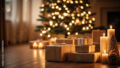 Hanukkah festival celebration. A cozy Christmas scene featuring a decorated tree, glowing lights, and beautifully wrapped presents, illuminated by candles. photo