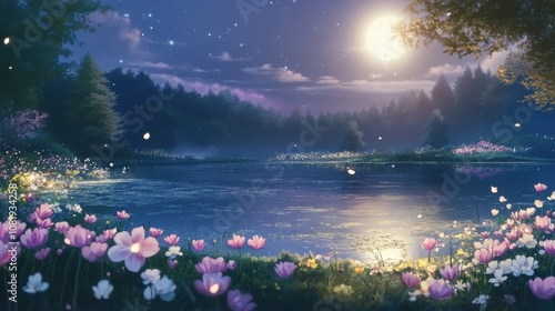 Moonlit Enchantment: A Tranquil Anime Landscape photo