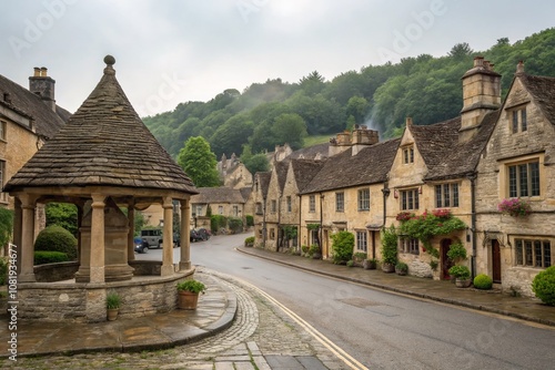 Serene Minimalist Capture of Castle Combe's Main Square in Wiltshire, Showcasing the Charming Streetscape of the Cotswolds Area of Natural Beauty Near Chippenham, England photo