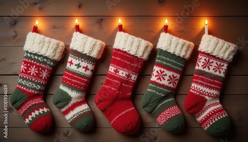 Hanukkah festival celebration. A festive collection of Christmas stockings in vibrant red and green, adorned with holiday patterns, illuminated by soft lights against a rustic wooden background. photo