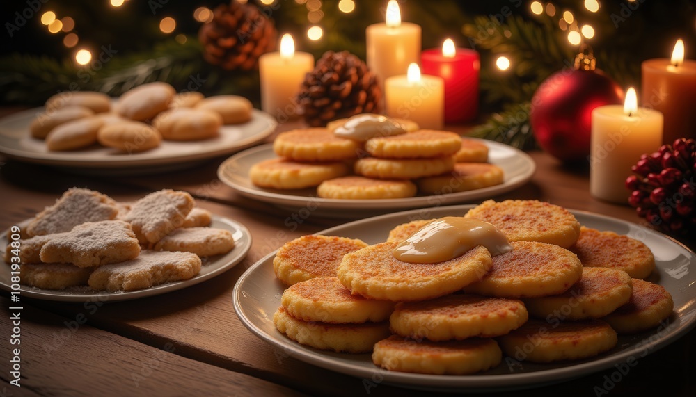 Hanukkah festival celebration. A cozy festive scene featuring plates of assorted cookies and candles, evoking warmth and holiday cheer. Hanukkah festival celebration. A cozy festive scene featuring plates of assorted cookies and candles, evoking warmth and holiday cheer.