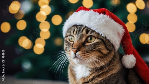 christmas portrait of a cat whit hat santa