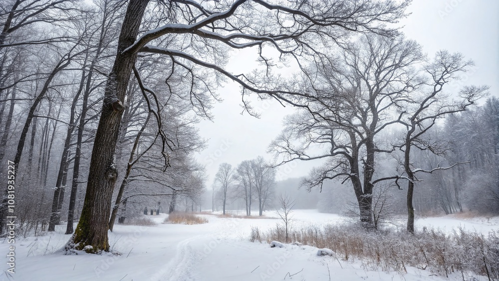 Serene Minimalist Winter Landscape of a Deciduous Forest with Bare Trees and Soft Snow Covering the Ground, Capturing the Essence of Tranquility and Nature's Beauty Serene Minimalist Winter Landscape of a Deciduous Forest with Bare Trees and Soft Snow Covering the Ground, Capturing the Essence of Tranquility and Nature's Beauty