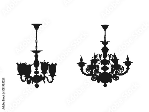 Set of silhouette vintage and luxury chandelier flat icon. Classic crystal glass antique elegant chandeliers black vector silhouettes. Chandelier silhouette isolated on White background.