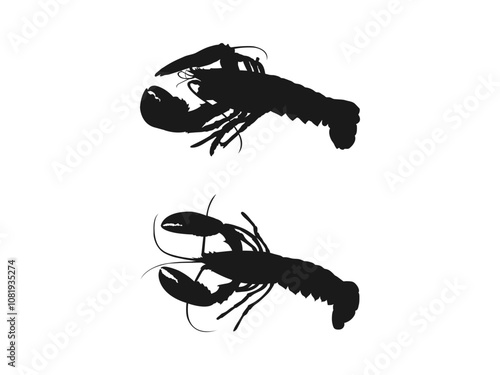 Lobster vector black white silhouette. Lobster Silhouette Vector, Shrimp silhouette, Fish vector. Sea animal Lobster vector illustration. Lobster Silhouette Icon on White Background.
