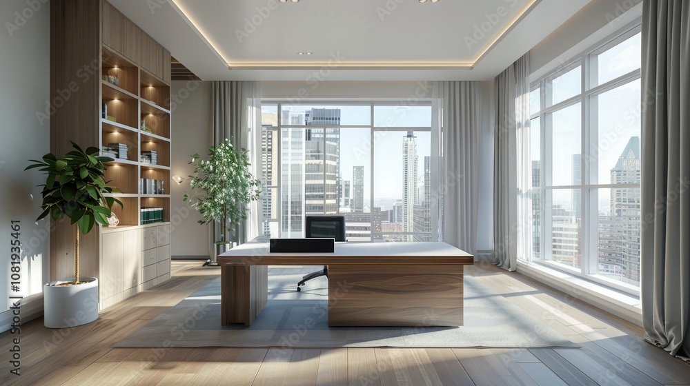 3D rendering of contemporary office space with minimalist desk and bright windows 3D rendering of contemporary office space with minimalist desk and bright windows