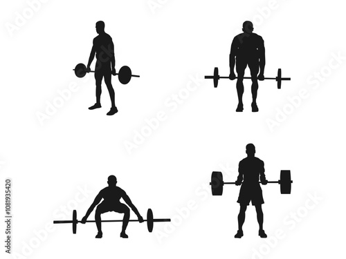 Standing muscular man lifting weights silhouette. Male bodybuilder icon. Weightlifter lifts big barbell, isolated vector silhouette. Weightlifting, bodybuilding.  Fitness logo concept.