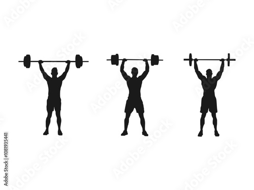 Standing muscular man lifting weights silhouette. Male bodybuilder icon. Weightlifter lifts big barbell, isolated vector silhouette. Weightlifting, bodybuilding.  Fitness logo concept.