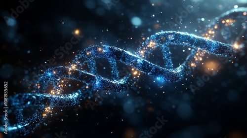 A Highly Detailed Close-Up of a DNA Double Helix with Particles on a Black Background 3D render