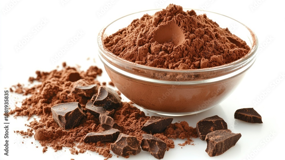 Cocoa Powder in Glass Bowl with Spilled Confectionery Cocoa Powder in Glass Bowl with Spilled Confectionery