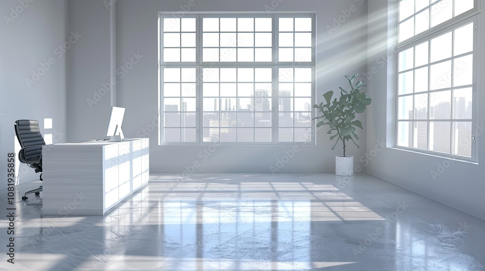 3D rendering of contemporary office space with minimalist desk and bright windows 3D rendering of contemporary office space with minimalist desk and bright windows