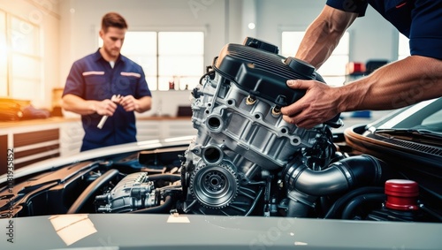 Mechanic Replacing Car Engine: A skilled mechanic carefully installs a new engine into a car, showcasing the precision and expertise required for automotive maintenance. 