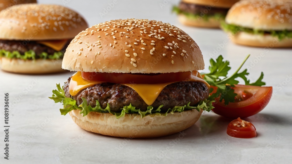 Delicious cheeseburger on a sesame seed bun with lettuce, tomato, and cheese, freshly prepared and served on a marble countertop Delicious cheeseburger on a sesame seed bun with lettuce, tomato, and cheese, freshly prepared and served on a marble countertop