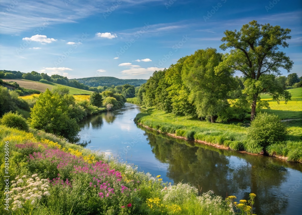 Serene River Landscape in the Countryside with Lush Greenery and Clear Blue Sky, Perfect for Nature Lovers and Tranquil Retreats, Showcasing the Beauty of Rural Life Serene River Landscape in the Countryside with Lush Greenery and Clear Blue Sky, Perfect for Nature Lovers and Tranquil Retreats, Showcasing the Beauty of Rural Life
