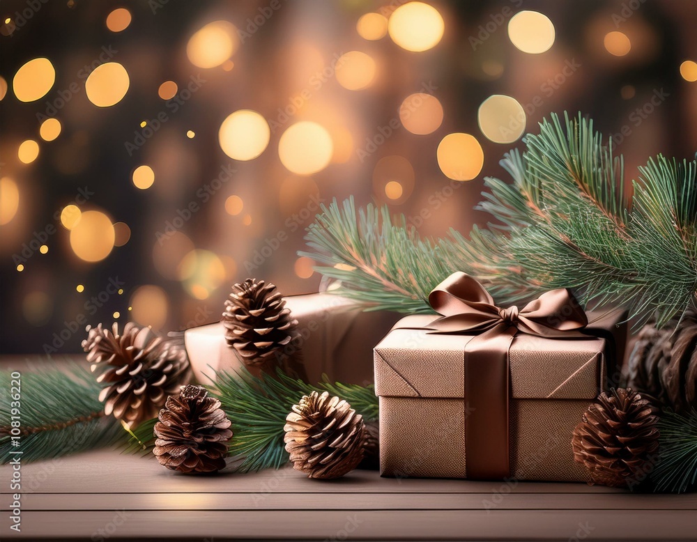 christmas and new year background - gift boxes and pine cones and branches on the background christmas and new year background - gift boxes and pine cones and branches on the background