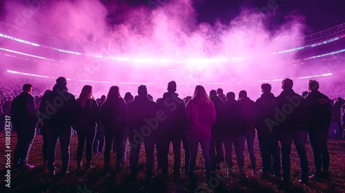 Silhouetted crowd stands against dramatic purple stadium lighting, creating an atmospheric concert-like environment.