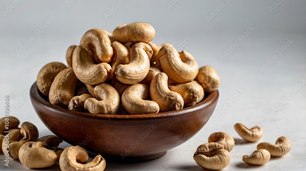 Cashew nuts in a wooden bowl with scattered pieces on a light background showcasing their natural color and texture Cashew nuts in a wooden bowl with scattered pieces on a light background showcasing their natural color and texture