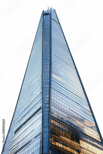 Glass skyscraper reflecting sky and clouds.