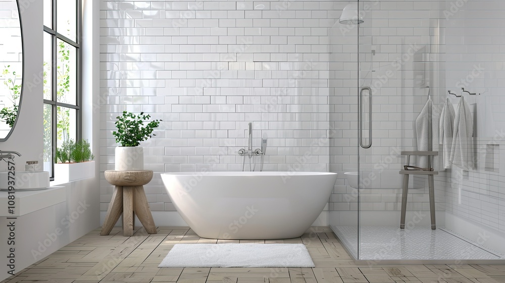 3D rendering of contemporary bathroom with clean white tiles and glass shower 3D rendering of contemporary bathroom with clean white tiles and glass shower