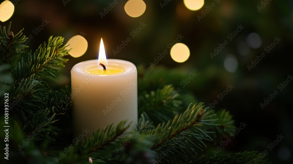 A Single Candle Burning Among Evergreen Branches A Single Candle Burning Among Evergreen Branches