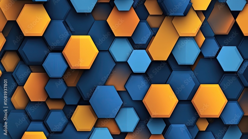 An abstract pattern of interlocking blue and orange hexagons creates a captivating visual texture. An abstract pattern of interlocking blue and orange hexagons creates a captivating visual texture.