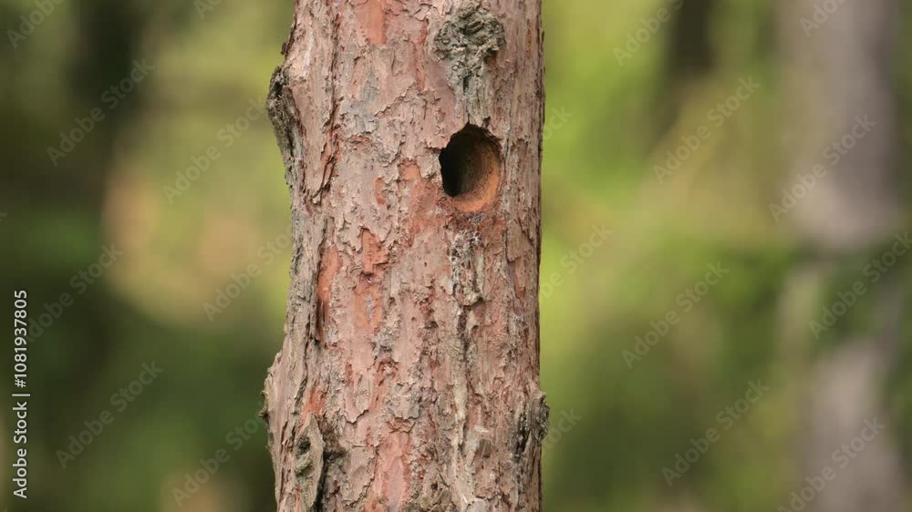 Great spotted woodpecker female feeding chicks at the nest hole in stem Great spotted woodpecker female feeding chicks at the nest hole in stem