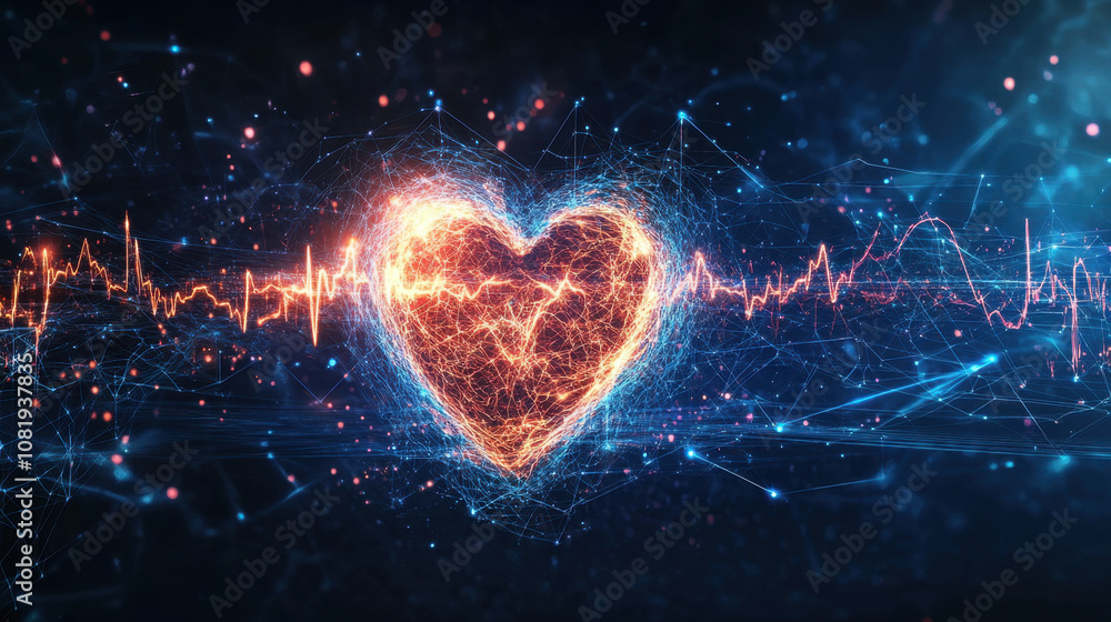 Visual representation of heart shape formed by electrical activity, showcasing vibrant colors and dynamic lines. This symbolizes connection between emotions and heart health