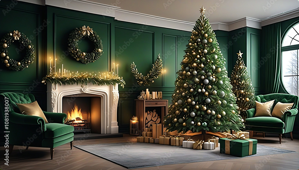 Living room decorated for Christmas with green theme Christmas tree, fireplace and sofa. Christmas image. Card design.緑色のテーマのクリスマスツリーと暖炉とソファーのあるクリスマスの飾りをしたリビングルーム。クリスマスのイメージ。カードデザイン。 Living room decorated for Christmas with green theme Christmas tree, fireplace and sofa. Christmas image. Card design.緑色のテーマのクリスマスツリーと暖炉とソファーのあるクリスマスの飾りをしたリビングルーム。クリスマスのイメージ。カードデザイン。