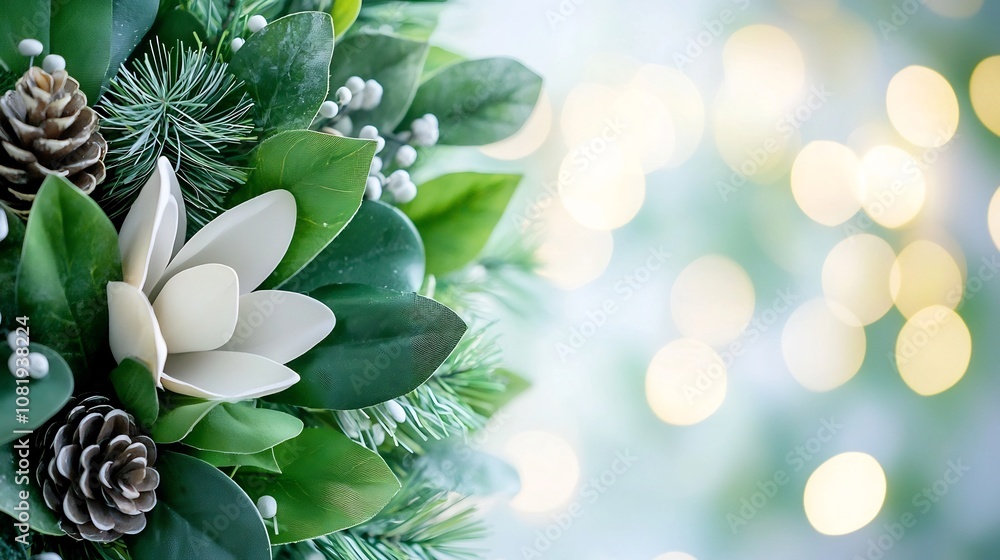 Obraz premium Festive Christmas Wreath with Magnolia,Boxwood,and Pine Cones for Unique Holiday Decor