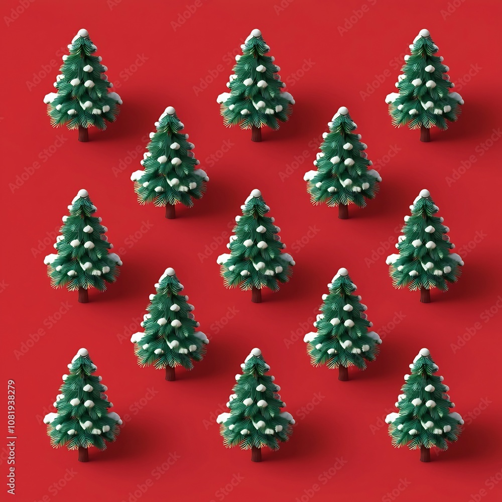 Festive Isometric 3D Christmas Pine Tree Pattern on Solid Red Background Festive Isometric 3D Christmas Pine Tree Pattern on Solid Red Background