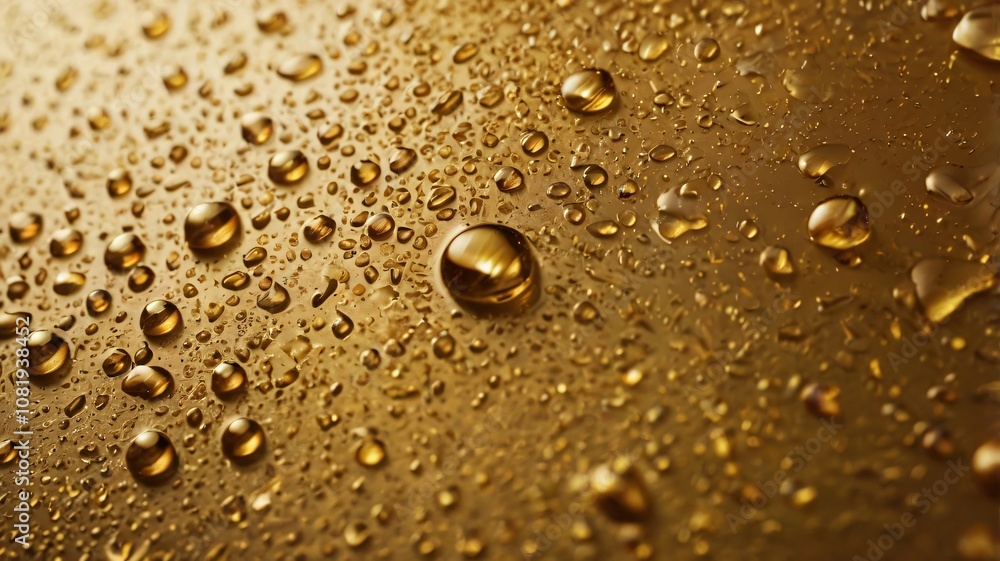 Close-up of water droplets on a gold surface, showcasing the interplay of light and texture during a bright afternoon Close-up of water droplets on a gold surface, showcasing the interplay of light and texture during a bright afternoon