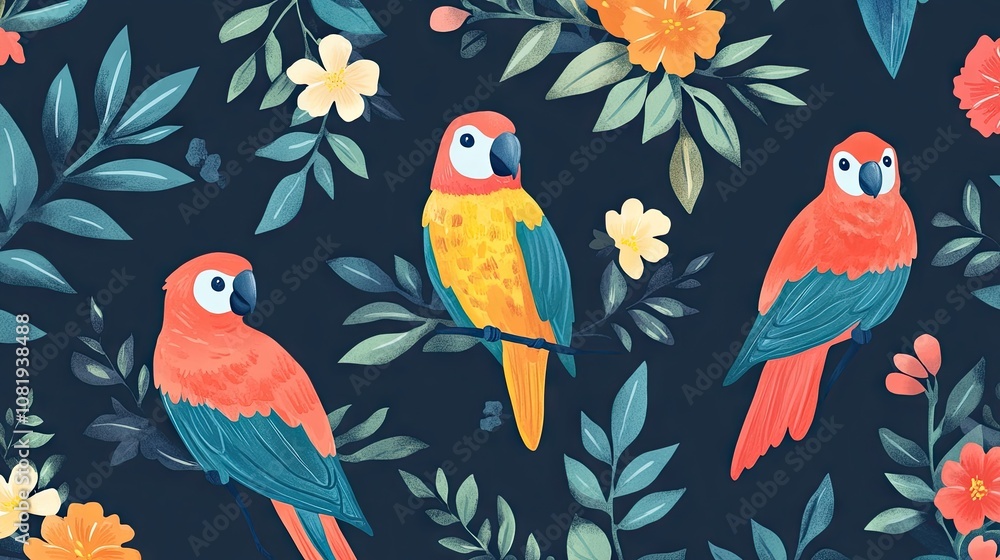 Colorful tropical parrots perched among vibrant flowers and leaves on a dark background. Colorful tropical parrots perched among vibrant flowers and leaves on a dark background.