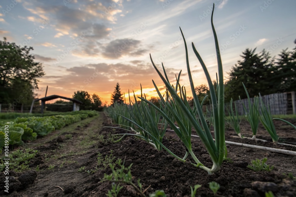 Silhouette of Green Onions in a Kitchen Garden at Dusk, Capturing the Essence of Seasonal Dacha Life with Vibrant Nature and Tranquil Atmosphere