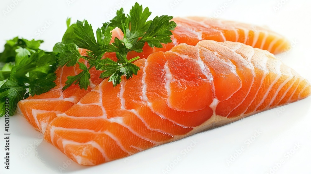 Fresh Flaky Salmon Slices with Green Garnish Fresh Flaky Salmon Slices with Green Garnish