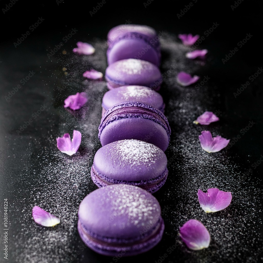 Row of delicate purple macarons with flower petals and sugar powder Row of delicate purple macarons with flower petals and sugar powder