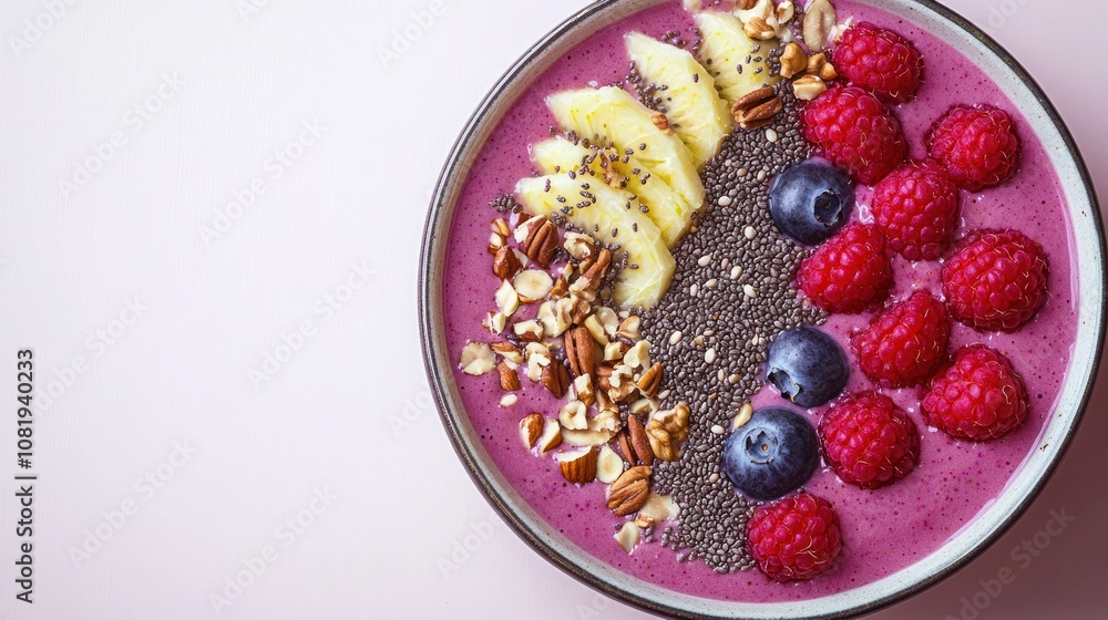 A vibrant smoothie bowl topped with fruits, nuts, and seeds. A vibrant smoothie bowl topped with fruits, nuts, and seeds.