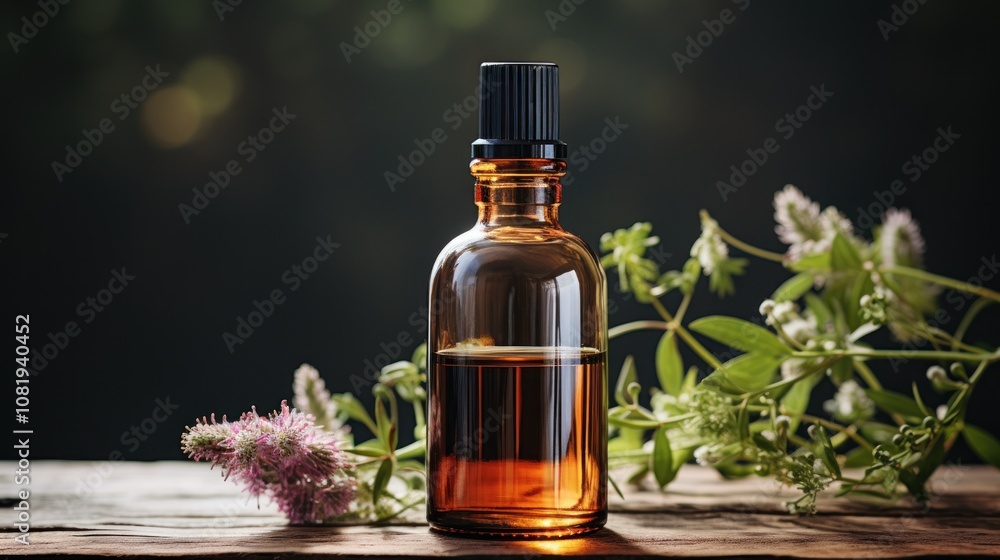 Essential Oil Bottle with Blooming Herbs: A Natural Remedy Essential Oil Bottle with Blooming Herbs: A Natural Remedy