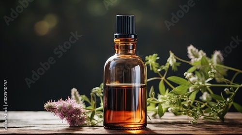 Essential Oil Bottle with Blooming Herbs: A Natural Remedy