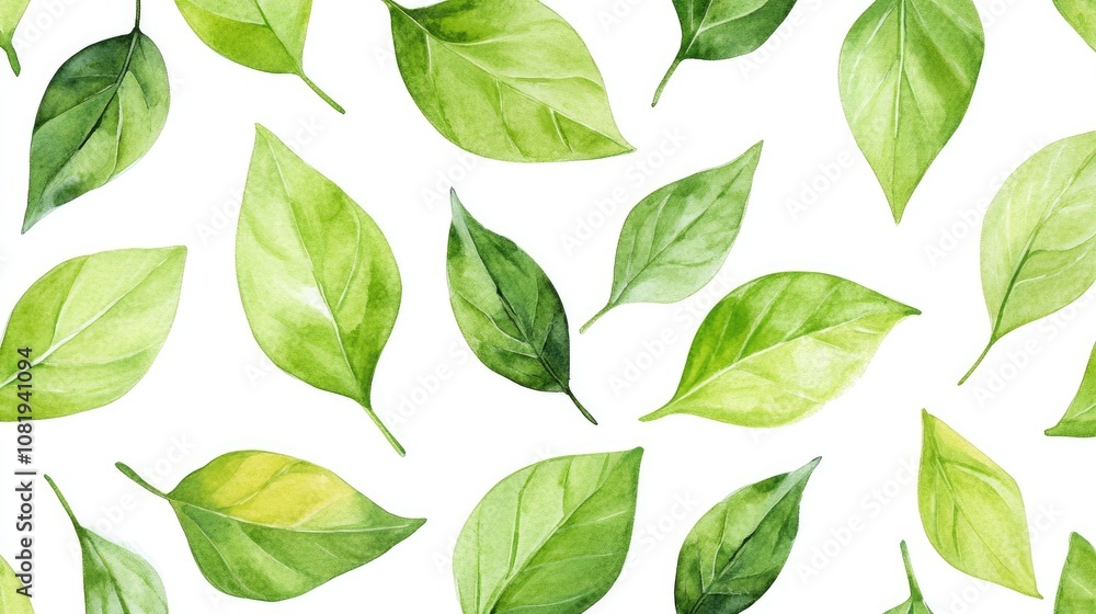 A vibrant pattern featuring various green leaves, showcasing a range of textures and shades against a white background. A vibrant pattern featuring various green leaves, showcasing a range of textures and shades against a white background.