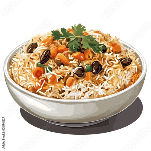 Traditional Afghan Kabuli Pulao with Nuts and Raisins in White Bowl