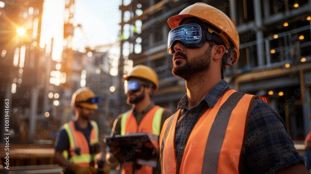 Construction workers utilizing high-tech wearables at job site during sunset Construction workers utilizing high-tech wearables at job site during sunset